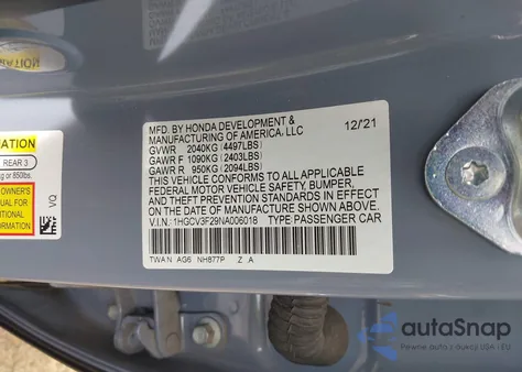 2022 Honda Accord Hybrid Sport z USA, uszkodzony, nr VIN 1HGCV3F29NA006018